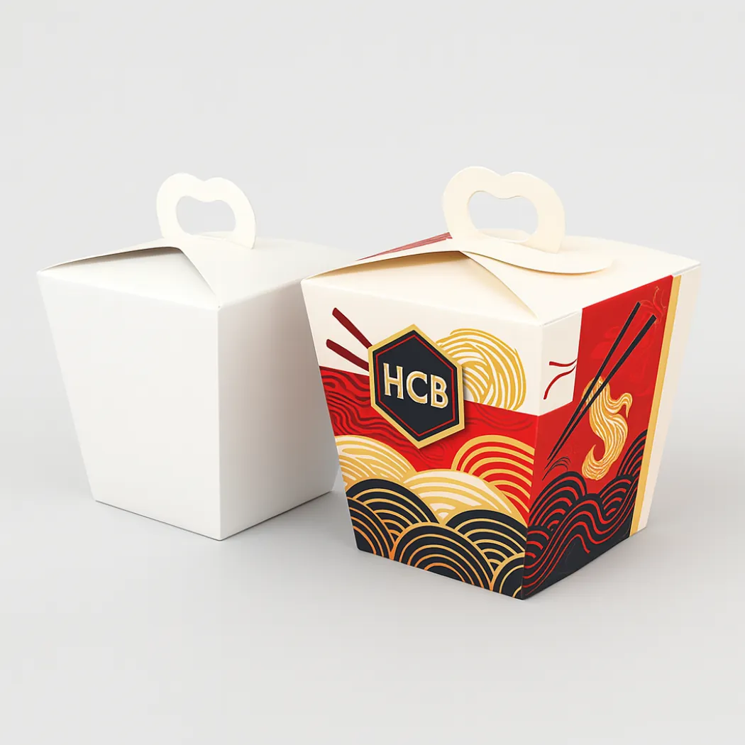Wholesale Chinese food boxes with heart-shaped handles- showing a plain white and a red wave design- class=